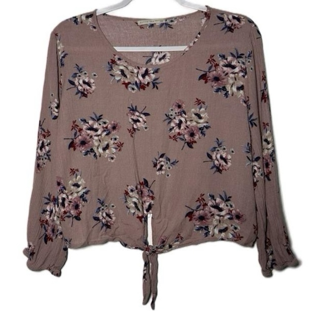 Active USA Floral Tie Front Mauve Floral Tie Front Long Sleeve Blouse‎ Large